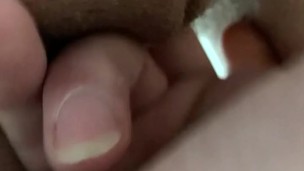 Fingering myself in public toilet at the Mall during my period. Tight pink virgin pussy fingering
