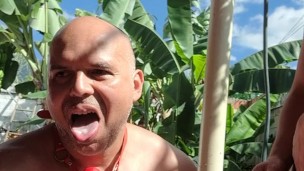 Hot outdoors with hot cum load over simon body