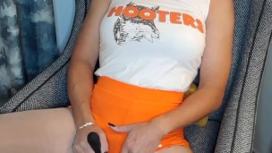 Hooters trans chick pleasures herself with a vibrator