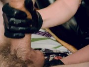 POV Big boobs domina in black shiny leggings gives a hot handjob with intense anal stimulation