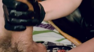 POV Big boobs domina in black shiny leggings gives a hot handjob with intense anal stimulation