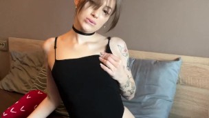 Beautiful bitch in dark lingerie shows her breasts💕