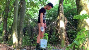 Weight on balls and cock - bucket filled with water on cock and balls