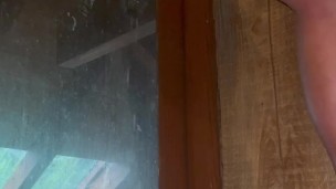Bottom pissing with dildo inside