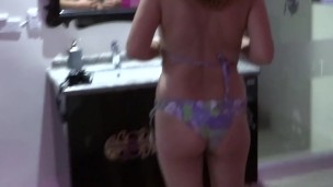 At the motel, I put on a bikini to go to the jacuzzi, stepbrother masturbates while watching me