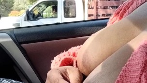 Flashing big tits in public