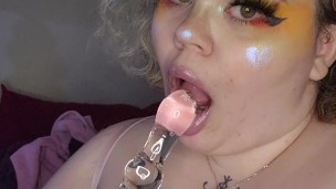 Goth GF sucks on toy for you