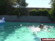 Getting his hard dick sucked by the pool after playing a strip game with 2 babes 2/16