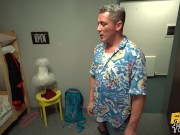 Fake Hostel - girlfriend CUMS HARD in her yoga pants in threesome with older guy 1/16