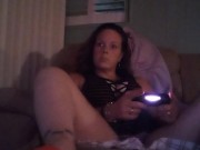 Busty Wife In Red Mini Dress Playing Video Games and Smoking Cigarettes 13/16
