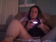 Busty Wife In Red Mini Dress Playing Video Games and Smoking Cigarettes 4/16