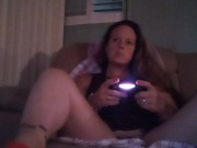 Busty Wife In Red Mini Dress Playing Video Games and Smoking Cigarettes 6/16