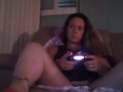 Busty Wife In Red Mini Dress Playing Video Games and Smoking Cigarettes 8/16