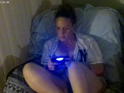 Pretty busty girl in her unbutton base ball jersey showing off bra and panties, feet and cleavage