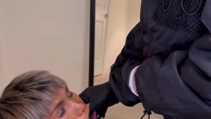 Collared femboy gets slapped and sucks cock