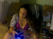 Hot Mom Smoking Cigarettes Playing video Games In Purple Bra and Panties