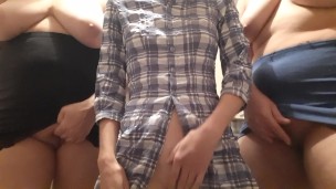 Three students masturbate in the shared kitchen of the dorm and quickly cum with loud moans