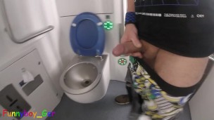 My 200th video! In the toilet of a driving train, I work on my thick cock with a massager and cum