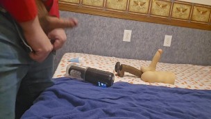 Huge Load Sprays Across Bed with Jerk Off Machine