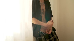 Tattooed guy strokes his huge dick after college class | load moaning and cumshot