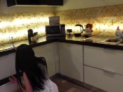 Super hot sexy brunette big booty big boobs wife in a see through dress works in the kitchen at home 10/16