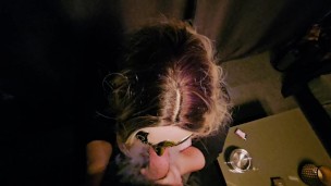Smoking cigarette sucking cock eating cum