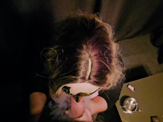 Smoking cigarette sucking cock eating cum
