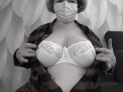 A mature BBW milf with big natural saggy tits tries on bras. 2/16