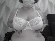 A mature BBW milf with big natural saggy tits tries on bras. 3/16