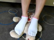 Teddy bear gets trampled by mad Megan! (femdom, foot domination, long toes, bare feet, sexy soles) 4/16