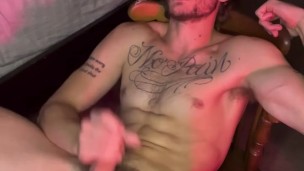 Hairy stud uses fuck machine until he busts a big load