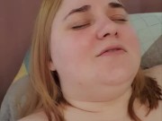 A fat girl shows her face, moans from the vibrations and thanks Ben