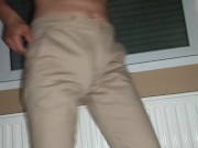 Striptease in my brown pants and cumshots onto my leather shorts 🥒💧😋