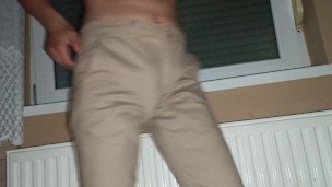Striptease in my brown pants and cumshots onto my leather shorts 🥒💧😋