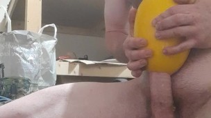 Horny teen fucks honey dew melon and made the hole way to small haha