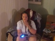 Pretty white girl in bra and panties playing videos games gets horny and wants sex