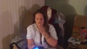 Pretty white girl in bra and panties playing videos games gets horny and wants sex