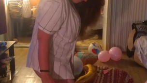 Hot step mom in bra and panties popping balloons with cigarettes, gets her horny and pussy soaked