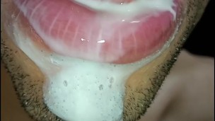 cum in my mouth, I play with your cum, and I swallow it, closeup, naughty gay, tongue, sloopy