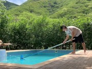 The guy who cleans the pool gets very hot when he sees his bosses tanning in the pool and they end u