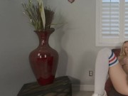 Solo blonde girl Natalia Queen in long stockings spreads her legs on a armchair in VR. 10/16