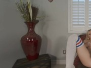 Solo blonde girl Natalia Queen in long stockings spreads her legs on a armchair in VR. 12/16