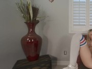 Solo blonde girl Natalia Queen in long stockings spreads her legs on a armchair in VR. 13/16