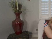 Solo blonde girl Natalia Queen in long stockings spreads her legs on a armchair in VR. 14/16