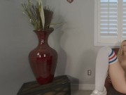 Solo blonde girl Natalia Queen in long stockings spreads her legs on a armchair in VR. 9/16