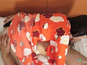 Brunette Japanese girl Hana Kawamura is sucking a hard cocks before having sex with two guys. 12/16