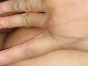 Skinny slut talks to her boyfriend while taking a big cock and ends up with cum inside