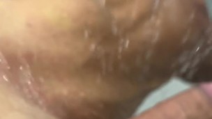 Muscular man play with his pink head penis and feet under shower xXx