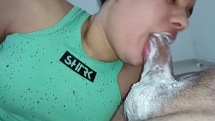 creampie dripping into the mouth of this greedy bitch, who fucks in an extreme blowjob