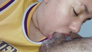 she sucks hard with her big lips, fucking in an extreme blowjob until the cuckold cums